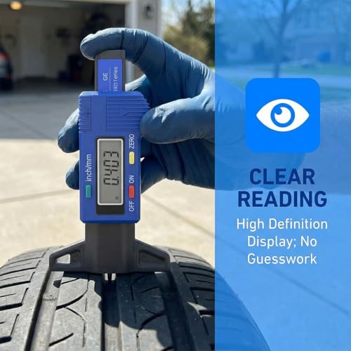 Car LCD Display Tire Tread Depth Gauge, 0.01mm Resolution Digital Car Tire Wear Checker with Inch/MM Conversion, Easy Read Auto Measuring Tool Accessories for Most Tires (Blue) - color: Blue