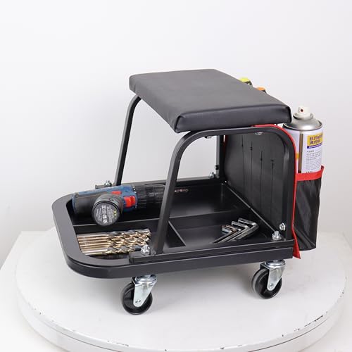 Rolling Mechanic Garage Stool on Wheels with Padded Cushion, Tool Tray Storage and Side Pockets, 300 LBS Capacity, Black - color: Black
