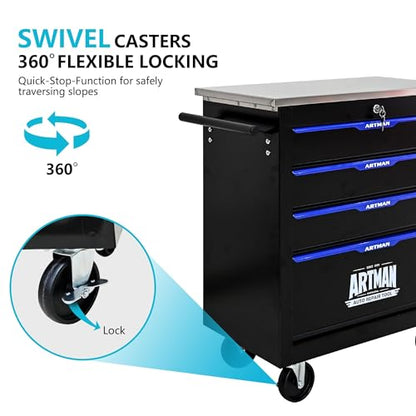 4 Drawer Heavy Duty Rolling Tool Chest, Mobile Metal Lockable Tool Cart with Stainless Steel Worktop, Garage Tool Storage Cabinet for Workshop Auto Repair, Black & Blue, 30.7" H × 25.9" W - size: 4 Drawers
