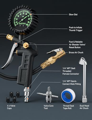 AstroAI Tire Pressure Gauge with Inflator, 100 PSI-ANSI B40.1 Accurate, Large 2.5" Easy Read Glow Dial, Heavy Duty Air Chuck and Compressor Accessories for Truck, with Case - style: with case