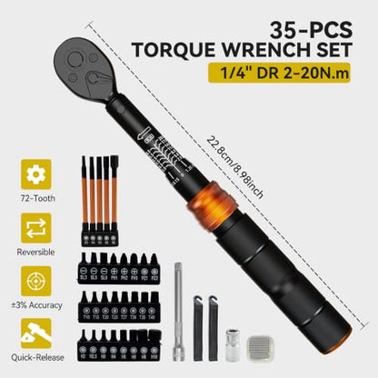 Bike Torque Wrench Set, 2-20 Nm, 35-Piece Kit with 1/4" Drive Click Ratchet Wrench and Bits