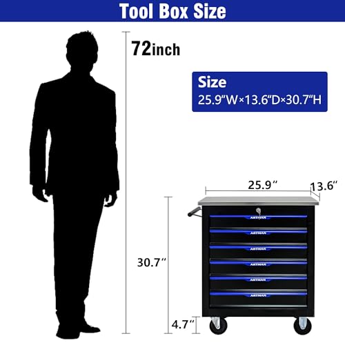 6 Drawer Heavy Duty Rolling Tool Chest, Mobile Metal Lockable Tool Cart with Stainless Steel Worktop, Garage Tool Storage Cabinet for Workshop Auto Repair, Black & Blue, 30.7" H × 25.9" W - size: 6 Drawers