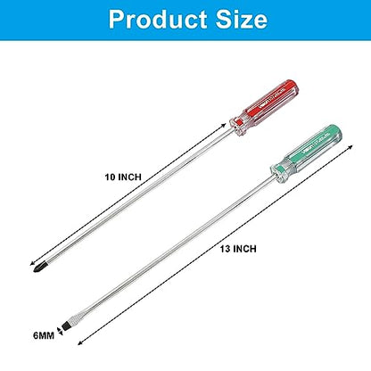 Hitefu 2PCS Long Screwdriver, 10 Inch Phillips and Slotted Screwdriver, Reliable Cross Head Flat Head Long Screwdriver Set for Professional Use(6mm Tip) | Long Screwdriver, Cross Head, Flat Head, Professional Use