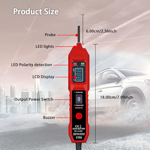 CT03 Power Circuit Tester, 6-24V DC Test Light Short Circuit, Automotive Component Electrical Polarity Identify Continuity Tester, Overload Protection - color: Red