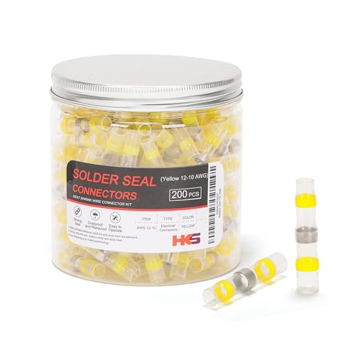 HKS 200PCS Solder Seal Wire Connectors – 12-10 AWG Yellow Heat Shrink Butt Terminals – Waterproof Electrical Wire Splice for Automotive, Marine, and DIY Wiring - color: YELLOW 12-10 AWG, size: 200PCS