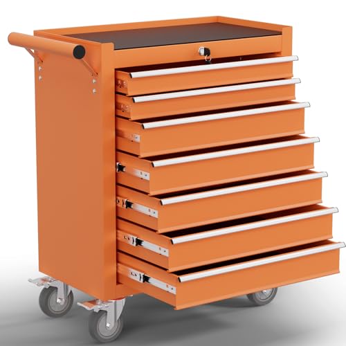 7-Drawer Tool Chest,Rolling Tool Cart with Wheels,High Capacity Tool Cabinet with Locking System for Garage, Warehouse, Workshop-Orange - color: Orange, size: 7 Drawer