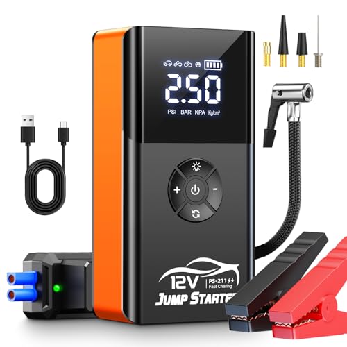 Jump Starter with Air Compressor, 8000A 180PSI, Portable Car Battery Jump Starter (All Gas/12L Diesel) 12V Automobile Jump Box Pack Chargers with Jumper Cables, 4-Mode LED Lights - color: Pumpkin Orange