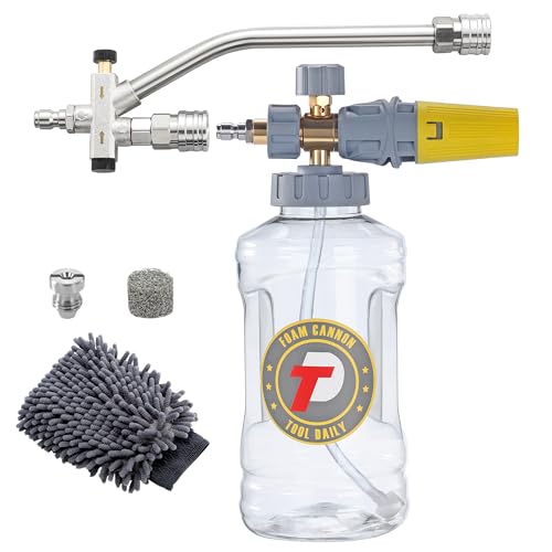 Tool Daily Pressure Washer Foam Cannon with Dual Connector, 1.5 Liter | Adjustable Soap Cannon with M22-14mm and 1/4” Quick Connect Fittings, Wide Mouth, Additional Orifice Nozzle 1.1mm, 3600 PSI - color: Grey, Yellow