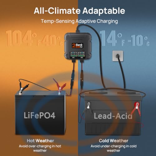 ECO-Worthy 2 Bank Marine Battery Charger 10A (5A/Bank), IP68 Waterproof 12V Charger & Maintainer for Boat RV Car, Lead-Acid LiFePO4 & Calcium Battery Desulfator