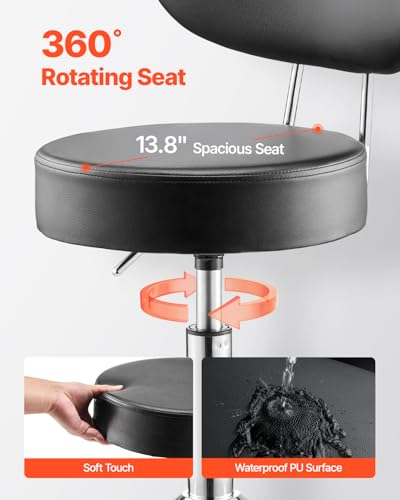 VEVOR Shop Stool with Backrest, Pneumatic Height Adjustable Garage Seat, 300 lbs Load, Roller Creeper Seat, 360 Swivel Padded Workshop Stool, Black - style: with Backrest and Casters