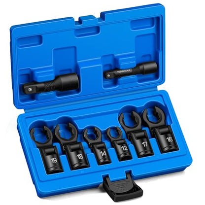 8pc 3/8" and 1/2" Flex Head Crows Flare Nut Wrench Socket Foot Line Wrench kit Set Flex Injector Fuel Line Crowfoot Flare Nut Size 12 14 16 17 18 19 mm Extension Bar