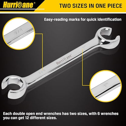 HURRICANE Flare Nut Wrench Set, SAE 6 Piece Brake Line Wrench Set | 1/4 to 1 Inch, 15 Degree Offset Double Open End, Organizer Pouch, Fuel Tube Repair