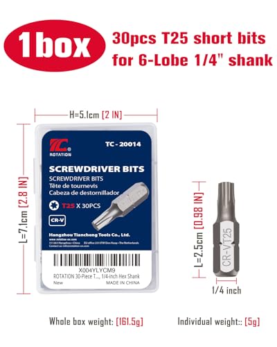 ROTATION 30Pcs T25 Bit Set, Impact Grade Phillips Bit Set, 1/4" Hex Shank | Chrome Vanadium Steel, Impact Grade, Phillips Bit Set - color: T25