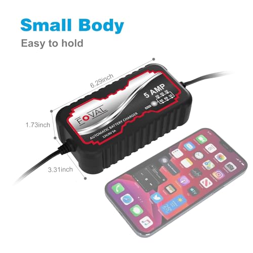 5A 6V/12V Smart Battery Charger – FOVAL Automatic Maintainer, Trickle Charger & Desulfator with Overcharge Protection & Temperature Compensation – for Lead-Acid & Lithium Batteries
