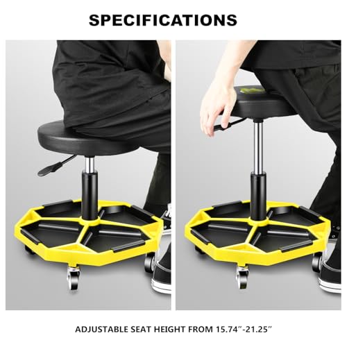 PM PERFORMOTOR Adjustable Height Pneumatic Garage Seat Rolling Mechanic Stool with Tool Tray Storage,300lbs Max Weight Capacity, Yellow,PM-TOL-ATS-YL - color: Yellow