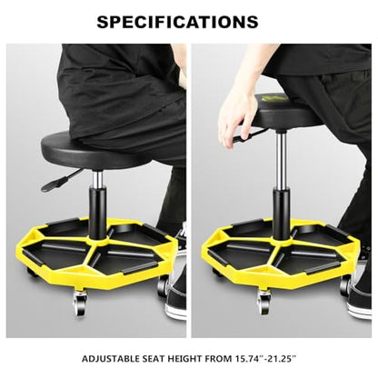 PM PERFORMOTOR Adjustable Height Pneumatic Garage Seat Rolling Mechanic Stool with Tool Tray Storage,300lbs Max Weight Capacity, Yellow,PM-TOL-ATS-YL - color: Yellow