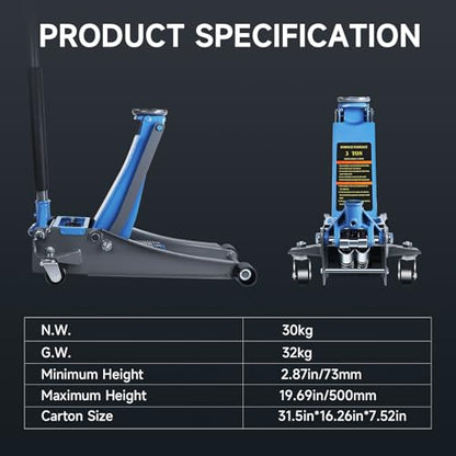 LARBANKE 3 Ton Low Profile Floor Jack,Hydraulic Carbon Steel Car Jack with Dual Pistons Quick Lift Pump,Easily Slide into Cars&Provide Stable Support,Lifting Range2.87-19.69",for Verious Cars - size: 497mm