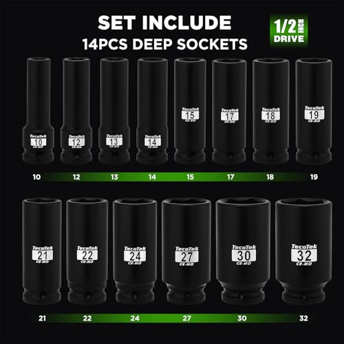 TecoTek 14PCS 1/2" Deep Drive Impact Socket Set, 6-Point, Metric (10mm-32mm), CR-MO Steel, With a Storage Case - size: 0.394-1.260 inches (14 Pieces)