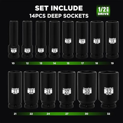 TecoTek 14PCS 1/2" Deep Drive Impact Socket Set, 6-Point, Metric (10mm-32mm), CR-MO Steel, With a Storage Case - size: 0.394-1.260 inches (14 Pieces)