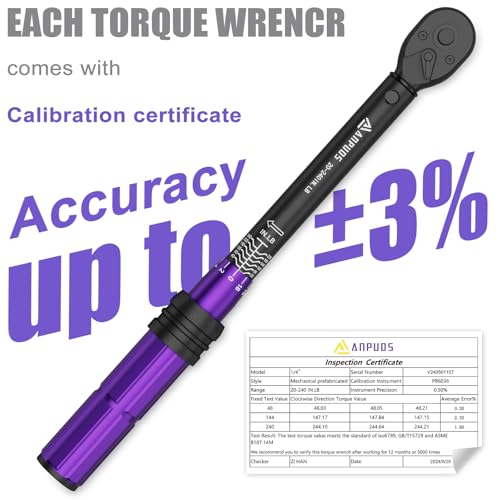 ANPUDS 1/4 Inch Drive Click Torque Wrench, 20-240 in.lb/2.3-27.1 Nm | Aluminum Adjustable Inch Pound Tool with 72 Tooth, Dual Range Scales, Small Bike Torque Wrench for Bicycle Maintenance - size: 1/4" 20-240 in.lb/2.3-27.1 Nm