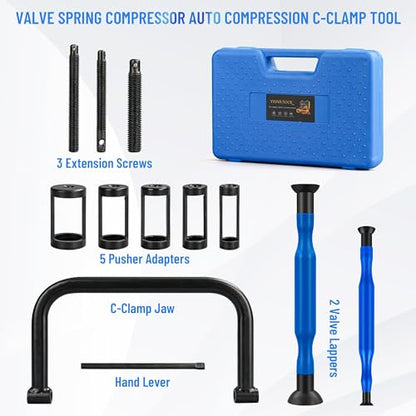 Valve Spring Compressor | 10 Piece Spring Clamp Tool Kit with C Clamp, Collet Pusher Adapters, Extension Rods, and Lever for Car, Motorcycle, ATV, and Small Engine Repairs (Blue) - color: BLUE