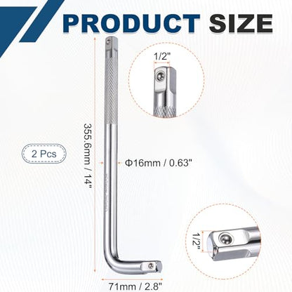 HARFINGTON 2 Pcs Socket Breaker Bar 1/2" Drive 14" Long 40CR Alloy Steel L-Shape Extension Bar Axle Nut Socket Wrench for Car Mechanical Equipment Repair, Silver - size: 1/2"x14"