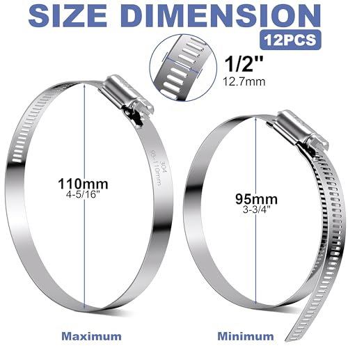 12Pack 4 inch Hose Clamps,Stainless Steel Large Hose Clamp Adjustable from 3-3/4"-4-5/16"/95-110mm,Metal Worm Gear Duct Clamp for Dryer Vent Hose,Fuel Line,Plumbing,Automotive,Exhaust,Radiator - size: 4 inch (3-3/4" - 4-5/16")