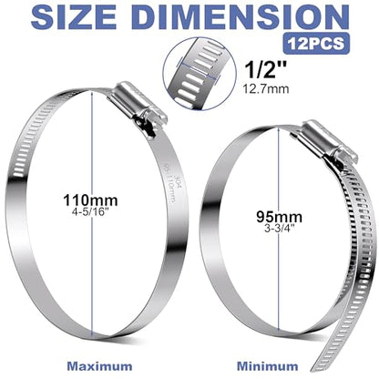 12Pack 4 inch Hose Clamps,Stainless Steel Large Hose Clamp Adjustable from 3-3/4"-4-5/16"/95-110mm,Metal Worm Gear Duct Clamp for Dryer Vent Hose,Fuel Line,Plumbing,Automotive,Exhaust,Radiator - size: 4 inch (3-3/4" - 4-5/16")