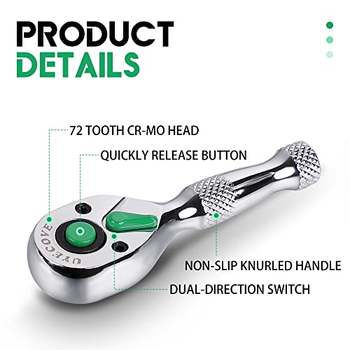 1/4 Inch Drive Ratchet Wrench, 1/4 Ratchet Wrench, 1/4 Drive Stubby Ratchet Socket Wrench, 72-Tooth, Reversible Cr-Mo Colorful Head, Chrome Steel - 3.54''/9cm - size: 1/4" Colorful Stubby Ratchet - 3.54 inch