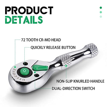 1/4 Inch Drive Ratchet Wrench, 1/4 Ratchet Wrench, 1/4 Drive Stubby Ratchet Socket Wrench, 72-Tooth, Reversible Cr-Mo Colorful Head, Chrome Steel - 3.54''/9cm - size: 1/4" Colorful Stubby Ratchet - 3.54 inch