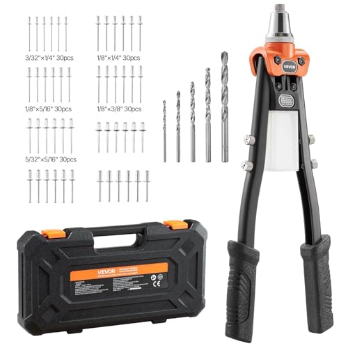 VEVOR Pop Rivet Gun Kit, with 230 Blind Rivets, Two-Handed Riveter with 5 Interchangeable Nosepieces, 5 Drill Bits, and a Carrying Case, Manual Riveting Tool for Metal, Automotive, Home, and DIY - size: 16", style: RIVET GUN