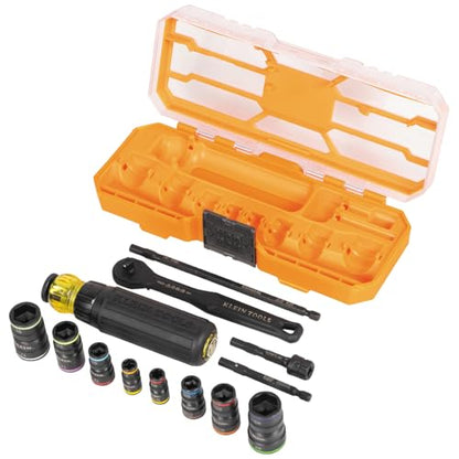 Klein Tools 65242 KNECT Impact Socket Set, Ratcheting Screwdriver Set, 1/4-Inch Drive, 4 SAE and 4 Metric Flip Sockets, 16 Hex Sizes, Adapters, MODbox Case - size: 16-in-1 KNECT