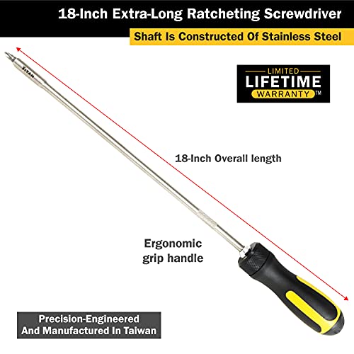 Titan 12218 18-Inch Extra Long High-Torque Ratcheting Bit Driver, Ratcheting Screwdriver Set Includes (10) Bits and Magnetic Bit Holder, Stainless Steel Shaft & S2 Steel Bits - size: 18-Inch