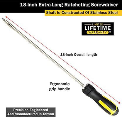 Titan 12218 18-Inch Extra Long High-Torque Ratcheting Bit Driver, Ratcheting Screwdriver Set Includes (10) Bits and Magnetic Bit Holder, Stainless Steel Shaft & S2 Steel Bits - size: 18-Inch