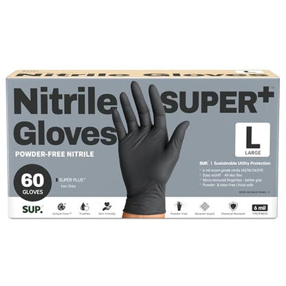 SUPER+ Black Nitrile Gloves HEAVY DUTY 6 Mil Disposable Chemical Resistant Powder & Latex Free Medical Food Safe, 60/600 Ct - color: Large (Iron Grey)