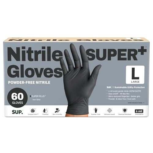 SUPER+ Black Nitrile Gloves HEAVY DUTY 6 Mil Disposable Chemical Resistant Powder & Latex Free Medical Food Safe, 60/600 Ct - color: Large (Iron Grey)
