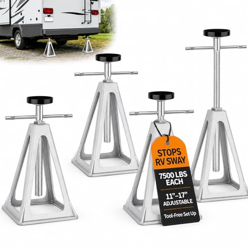 RV Stabilizer Jacks Set of 4, 7500 lbs Each Aluminum RV Stack Jacks, Adjustable 11"–17" Camper Stabilizer Jack Stands with Rubber Pads for Travel Trailers, Campers, Pop-Up Campers & Campsite Use