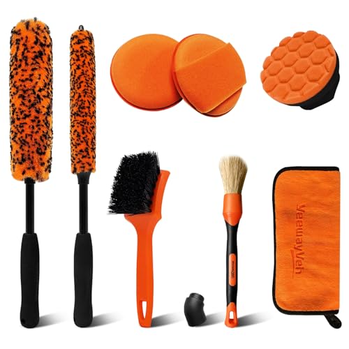 YeewayVeh 8PCS Ultimate Wheel and Tire Brush Kit | 2-Size 360° Bendable Wheel Brushes, Boar Hair Detailing Brush, Tire Shine Applicators & Microfiber Towel, Car Wheel Detailing Cleaning Supplies Kit - color: Orange/Black, size: 8 Pack