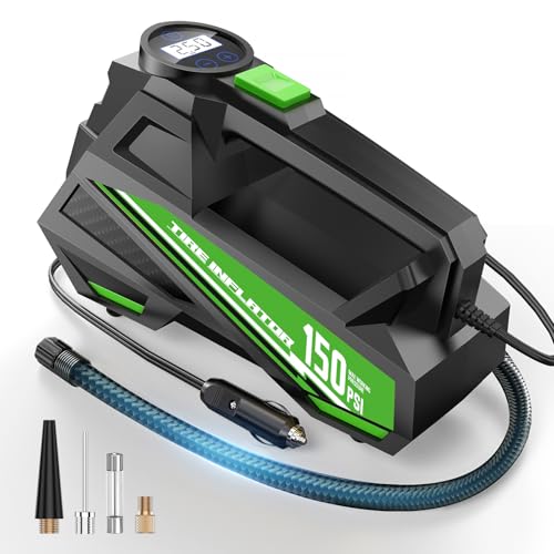 FLYKID Tire Inflator Portable Air Compressor- 12V DC Air Pump for Car Tires with 150PSI LCD Digital Gauge & Emergency LED Light,Auto Tire Pump for Cars,Motorcycles,Bikes,Balls - color: Green