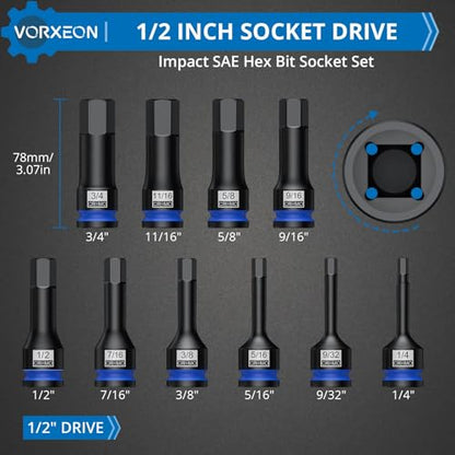 10 PCS 1/2" Drive SAE Impact Allen Hex Bit Socket Set 42CRMO with Storage Case 1/4” 9/32” 5/16” 3/8” 7/16” 1/2” 9/16” 5/8” 11/16” 3/4” - size: Hex SAE