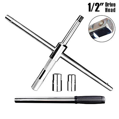 23" Universal Extended Lug Wrench, 4 Way Tire Iron Nut Wrench Set with Storage Bag and Standard Sockets (17mm/19mm,21mm/23mm) for Heavy Duty Cross Wheel Wrench, Lug Nut Removal Tool