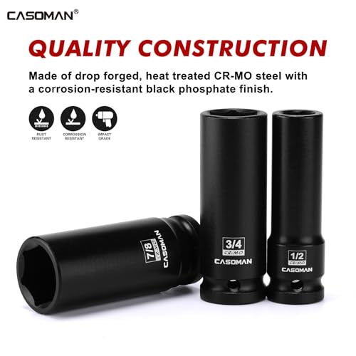CASOMAN 14PCS 1/2" Drive Deep Impact Socket Set, SAE, 6-Point, CR-MO, 3/8" to 1-1/4", for Auto Repair, Mechanic, with Portable Case, Easy-to-Read Size Markings, Rugged Construction - size: 9.5mm to 31.8mm