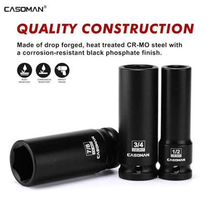 CASOMAN 14PCS 1/2" Drive Deep Impact Socket Set, SAE, 6-Point, CR-MO, 3/8" to 1-1/4", for Auto Repair, Mechanic, with Portable Case, Easy-to-Read Size Markings, Rugged Construction - size: 9.5mm to 31.8mm