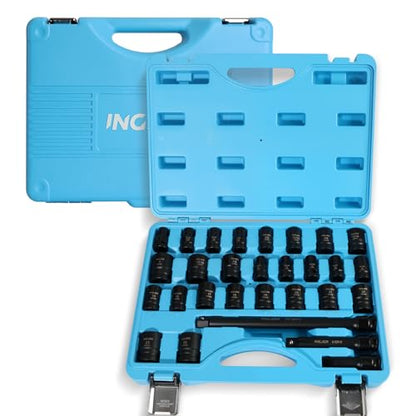 1/2 Impact Socket Set, 29PCS Shallow, SAE (3/8 to 1 inch) and Metric (10-24mm) Sizes with Extension Bars Standard Shallow Socket Set CR-MO Material High Torque Truck Bearing Locknut - size: 1/2inch 29PCS SHALLOW