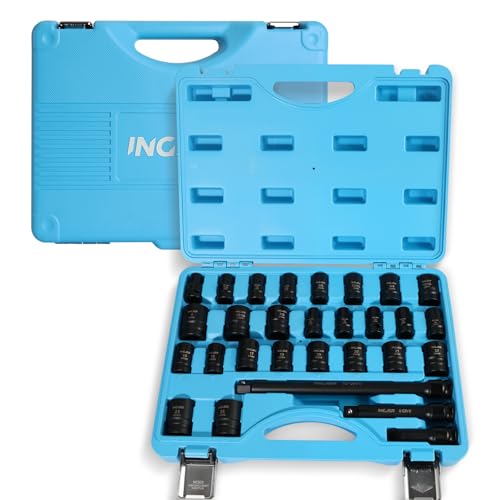1/2 Impact Socket Set, 29PCS Shallow, SAE (3/8 to 1 inch) and Metric (10-24mm) Sizes with Extension Bars Standard Shallow Socket Set CR-MO Material High Torque Truck Bearing Locknut - size: 1/2inch 29PCS SHALLOW