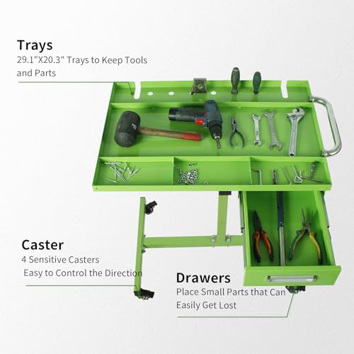 Rolling Tool Tray with Wheels,29 × 20 × 34in Tear Down Work Table with Drawers,220lbs Capacity Mechanics Rolling Work Table for Garage, Shop, DIY (Green) - size: Green