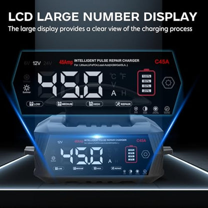 45Amp: 6/12/24V Smart Battery Charger – Automatic Maintainer, Trickle Charger & Desulfator with Overcharge Protection & Temperature Compensation – for Lead-Acid & Lithium & LiFePO4 Batteries