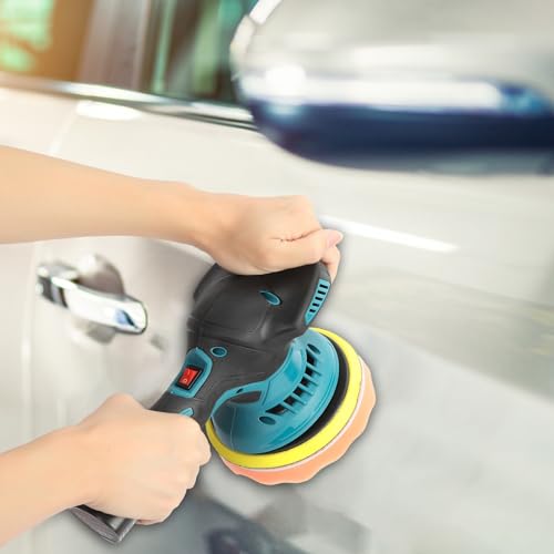 Cordless Car Buffer Polisher, 6 Variable Speed Battery Powered Cordless Powerful Motor Ergonomic Handle Car Polishing Dual Action Car Buffer Polisher with Gloves Apron Set Black&Blue