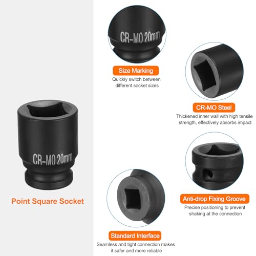 HARFINGTON 2pcs 4 Point Square Socket 1/2" Drive 20mm Metric Square Impact Socket CR-MO Blackening Standard Wheel Sockets Pneumatic Socket Tool for Auto Repair Mechanical Maintenance Home Use - size: 20mm