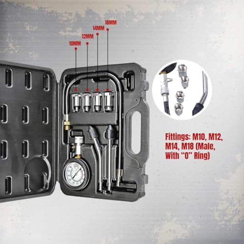 Engine Compression Tester Kit – PMD Products, Small Engine Diagnostics with 10MM, 12MM, 14MM, 18MM Spark Plug Adapters, Dual-Scale 0-300 PSI Gauge for Motorcycles, Cars, and More